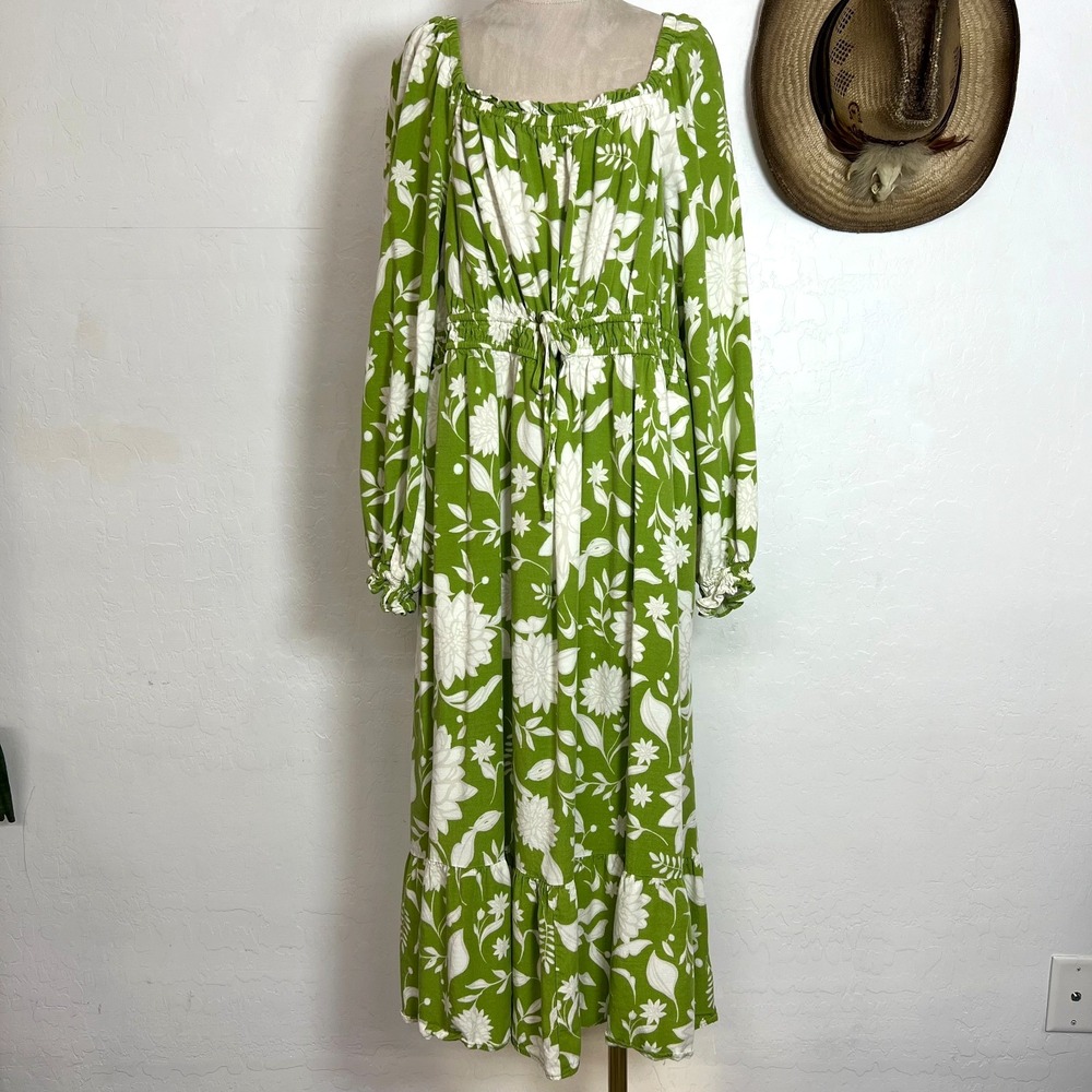 Ava & Viv Green Floral Midi Dress Size 1X Long Sleeve Pockets Cottagecore Boho